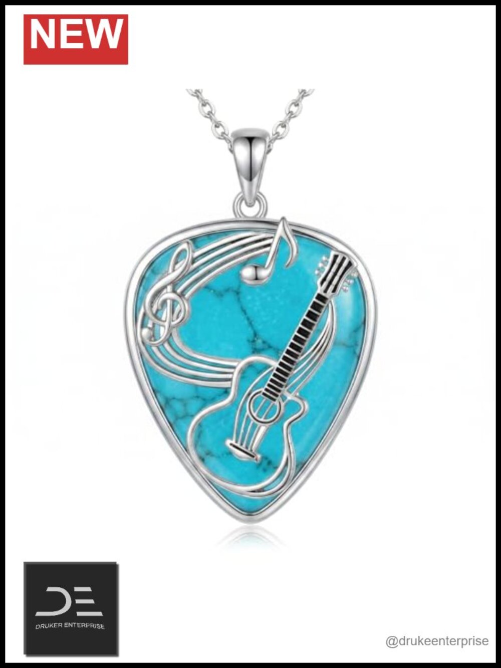 Sterling Silver Natural Turquoise Guitar Pick Necklace Music Pendant
